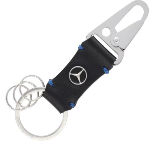 Mercedes-Benz Schlüsselanhänger, Karabiner schwarz / blau Rindleder / Edelstahl