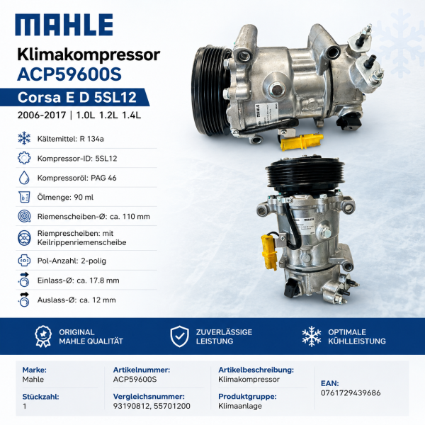Mahle Klimakompressor Corsa E D 5SL12 ACP59600S X15 2006-2017 1.0L 1.2L 1.4L