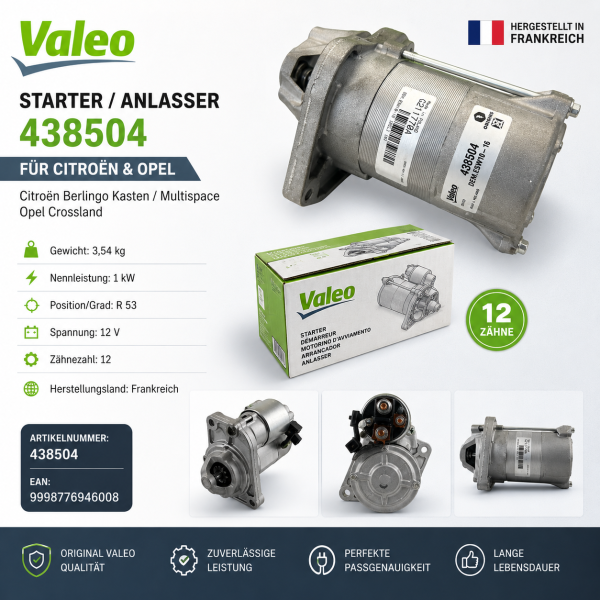 Valeo Starter Anlasser Citroën Berlingo Kasten Multispace Opel Crossland 438504