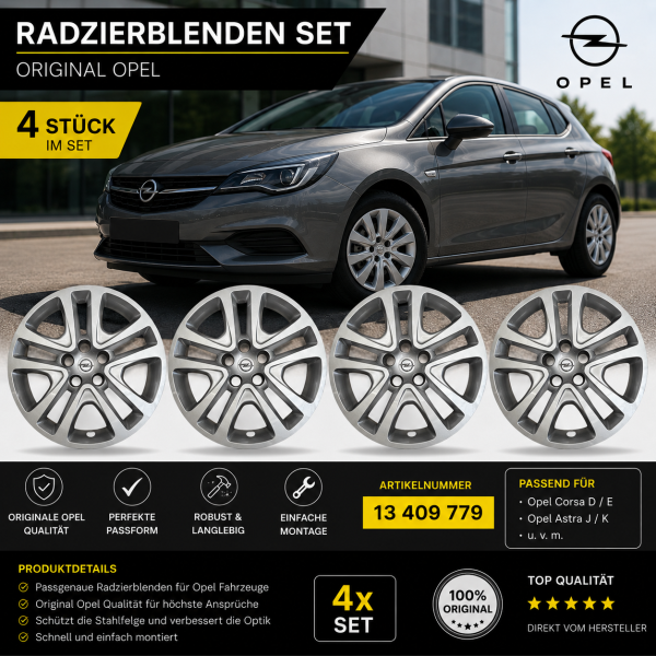 4x Radzierblende Radkappe silber Opel Astra J 16 Zoll 5 Loch 13409779